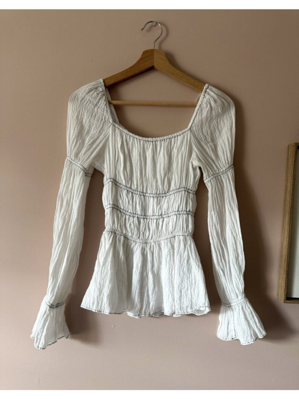 UO The East Order Elle Smocked Square Neck Ramie Cotton Top White Y2K Feminine S